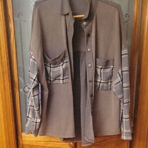 Dusty Olive Green Plaid Button-Up Shirt Jacket Worn Once